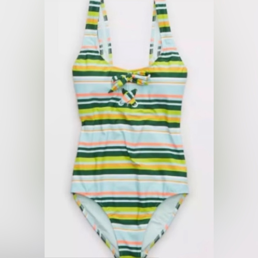 AERIE Women’s Striped One Piece Tie Front‎ One Piece Bathing Suit Sz Large